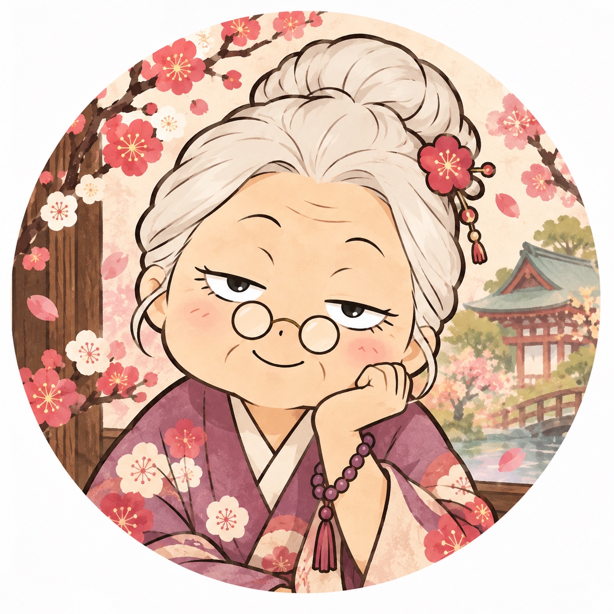 梅の花に囲まれて微笑む梅ばあ